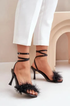 Sale Sandały Na Szpilce Z Piórami Czarne Emilettra Damskie Sandały Na Obcasie