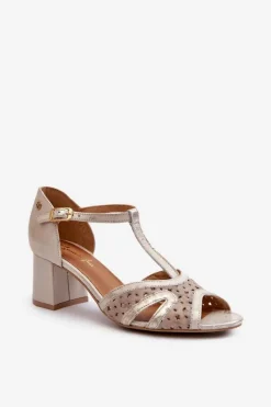 Best Maciejka Sandały Skórzane Damskie Na Obcasie 06551-04 Beżowo-Złote
