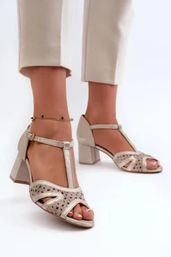 Best Maciejka Sandały Skórzane Damskie Na Obcasie 06551-04 Beżowo-Złote