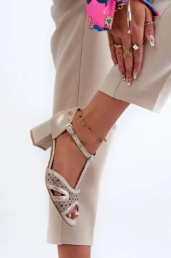 Best Maciejka Sandały Skórzane Damskie Na Obcasie 06551-04 Beżowo-Złote