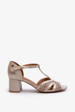 Best Maciejka Sandały Skórzane Damskie Na Obcasie 06551-04 Beżowo-Złote