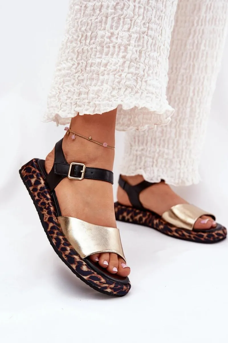 New Damskie buty S.Barski Sandały Skórzane Damskie Na Platformie Z Panterką S.Barski JC51-347 Złote