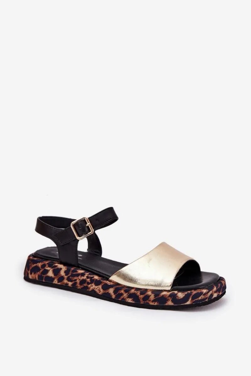 New Damskie buty S.Barski Sandały Skórzane Damskie Na Platformie Z Panterką S.Barski JC51-347 Złote