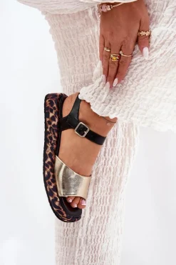 New Damskie buty S.Barski Sandały Skórzane Damskie Na Platformie Z Panterką S.Barski JC51-347 Złote