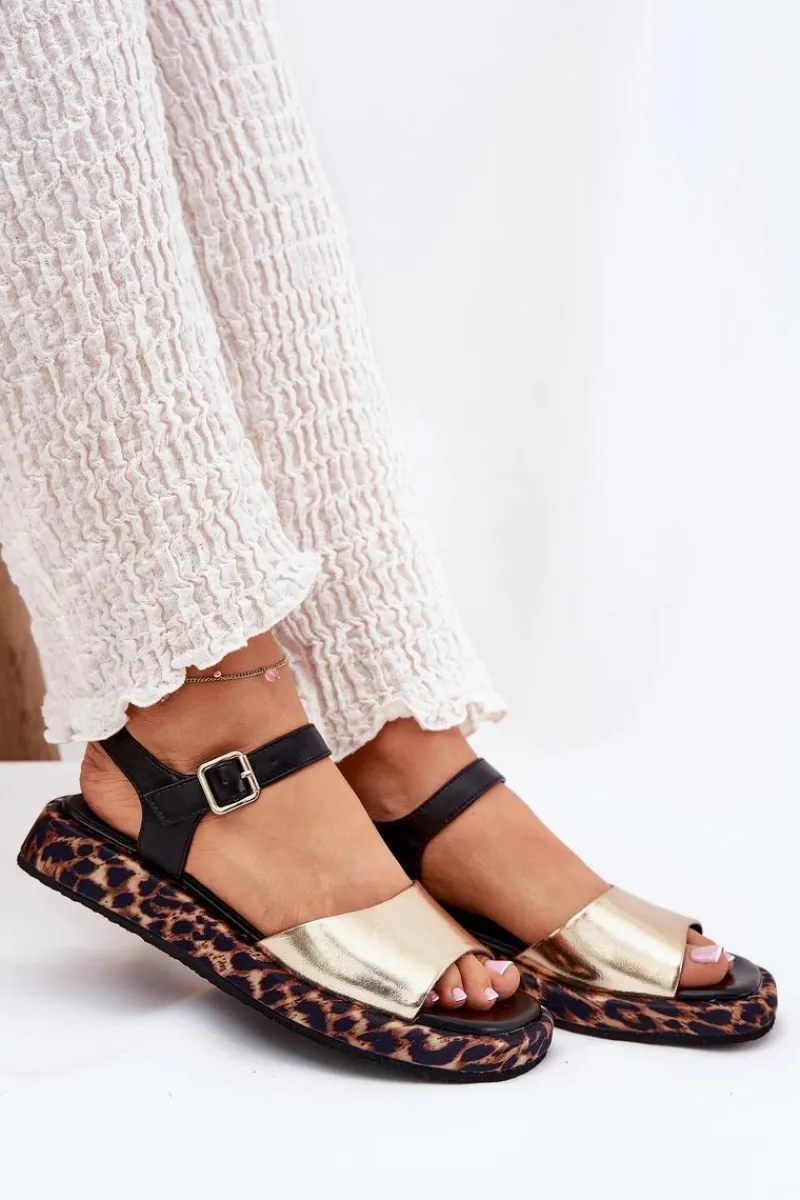 New Damskie buty S.Barski Sandały Skórzane Damskie Na Platformie Z Panterką S.Barski JC51-347 Złote