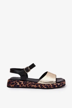 New Damskie buty S.Barski Sandały Skórzane Damskie Na Platformie Z Panterką S.Barski JC51-347 Złote