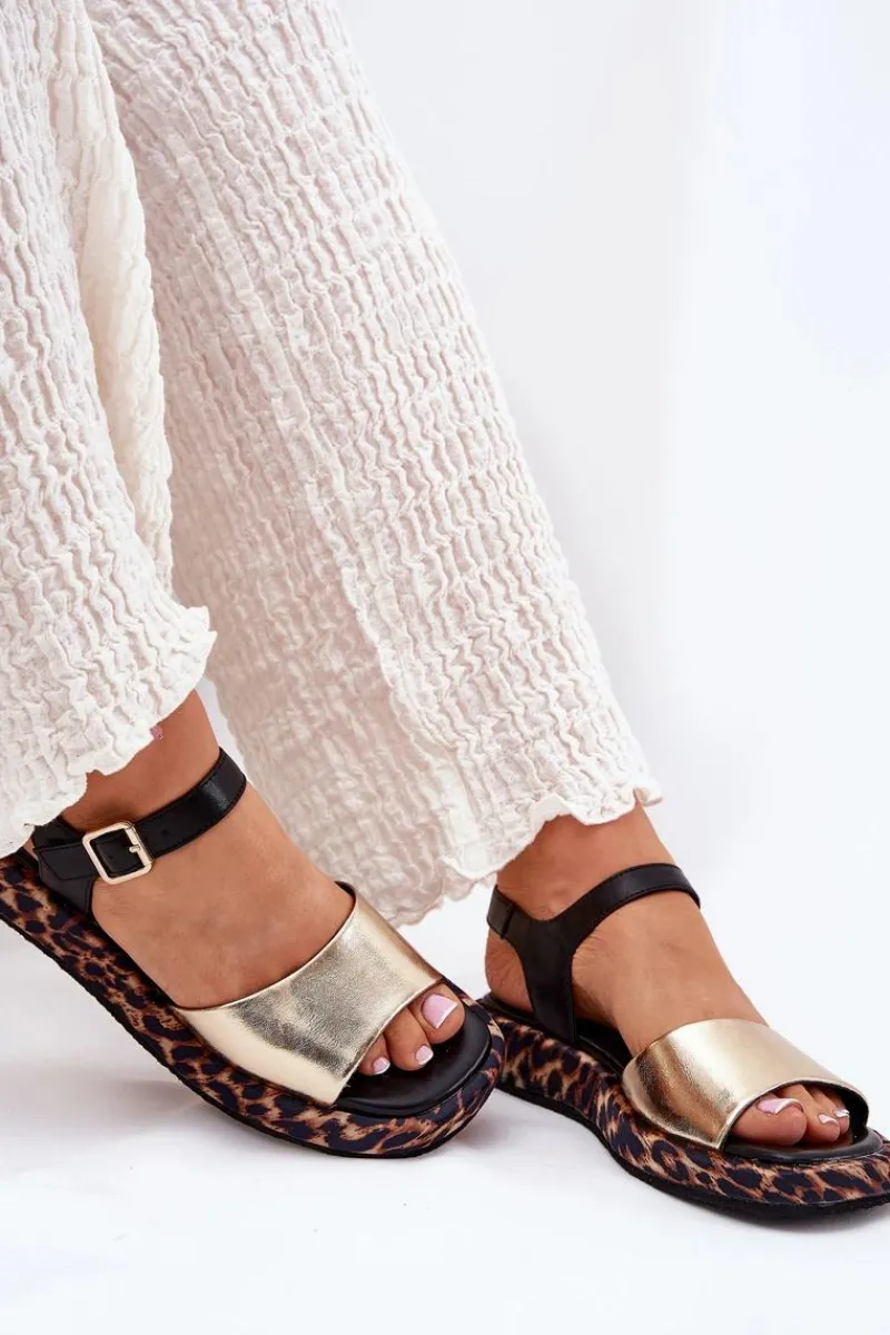 New Damskie buty S.Barski Sandały Skórzane Damskie Na Platformie Z Panterką S.Barski JC51-347 Złote