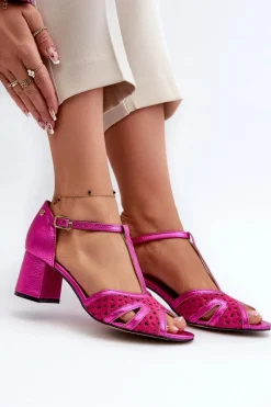 Clearance Sandały Skórzane Damskie Na Obcasie 06551-15 Fuksja Damskie Sandały Na Obcasie