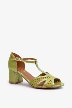 Best Maciejka Sandały Skórzane Damskie Na Obcasie 06551-09 Limonkowe Zielony
