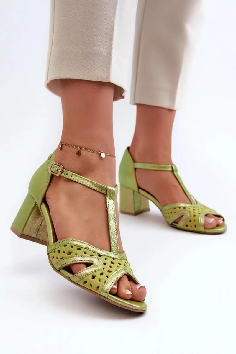 Best Maciejka Sandały Skórzane Damskie Na Obcasie 06551-09 Limonkowe Zielony