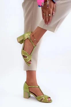 Best Maciejka Sandały Skórzane Damskie Na Obcasie 06551-09 Limonkowe Zielony