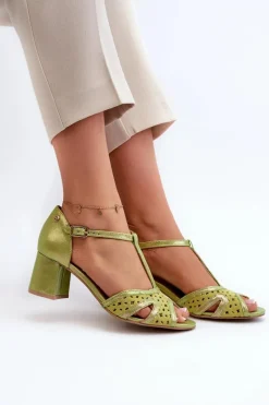 Best Maciejka Sandały Skórzane Damskie Na Obcasie 06551-09 Limonkowe Zielony