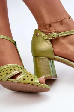 Best Maciejka Sandały Skórzane Damskie Na Obcasie 06551-09 Limonkowe Zielony