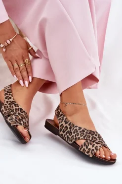 Sandały Płaskie></noscript>Zazoo Sandały Skórzane Damskie Panterka Brązowe 40407 Brązowy