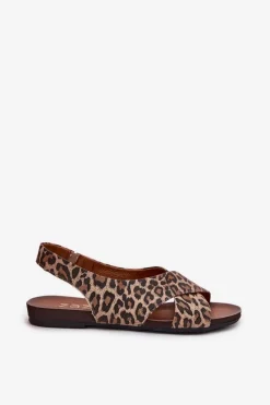 Sandały Płaskie></noscript>Zazoo Sandały Skórzane Damskie Panterka Brązowe 40407 Brązowy