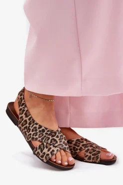 Sandały Płaskie></noscript>Zazoo Sandały Skórzane Damskie Panterka Brązowe 40407 Brązowy