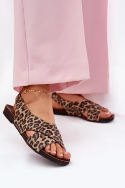 Sandały Płaskie></noscript>Zazoo Sandały Skórzane Damskie Panterka Brązowe 40407 Brązowy