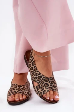 Sandały Płaskie></noscript>Zazoo Sandały Skórzane Damskie Panterka Brązowe 40407 Brązowy