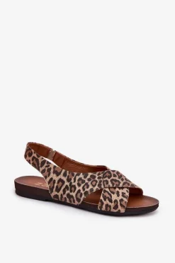 Sandały Płaskie></noscript>Zazoo Sandały Skórzane Damskie Panterka Brązowe 40407 Brązowy