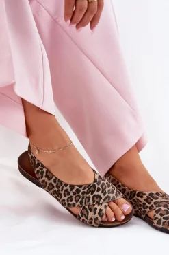 Sandały Płaskie></noscript>Zazoo Sandały Skórzane Damskie Panterka Brązowe 40407 Brązowy