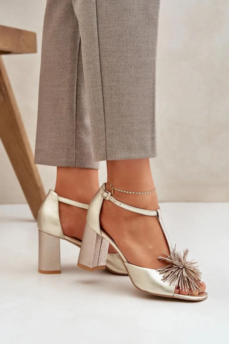 Sandały Na Słupku|Sandały Na Obcasie>Laura Messi Sandały Skórzane Na Słupku Z Ozdobą 2758 Złote Złoty