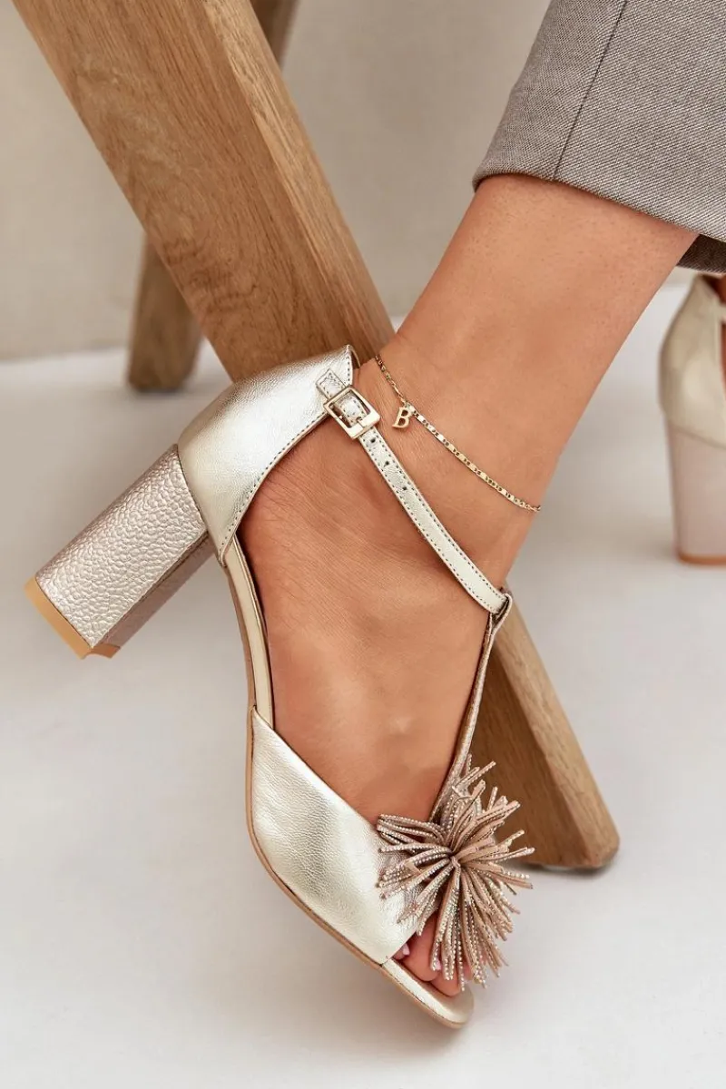 Sandały Na Słupku|Sandały Na Obcasie>Laura Messi Sandały Skórzane Na Słupku Z Ozdobą 2758 Złote Złoty