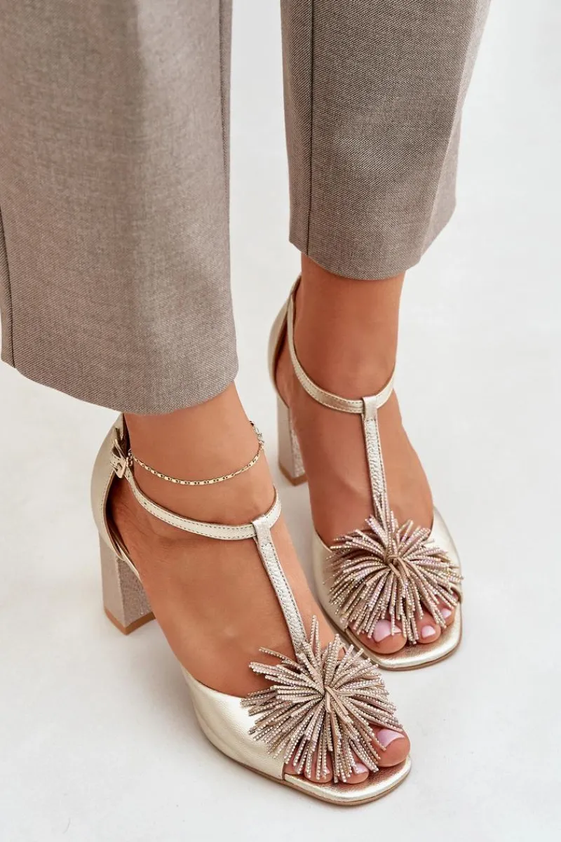 Sandały Na Słupku|Sandały Na Obcasie>Laura Messi Sandały Skórzane Na Słupku Z Ozdobą 2758 Złote Złoty