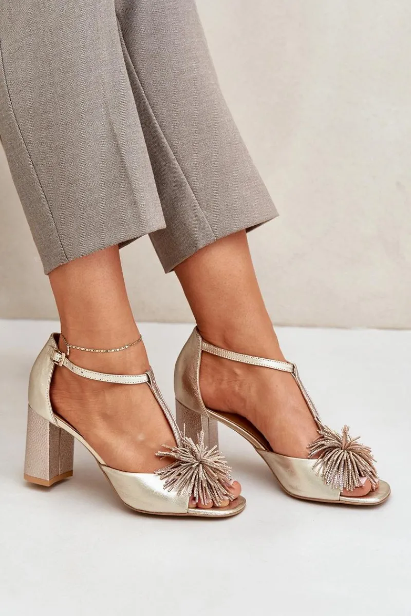 Sandały Na Słupku|Sandały Na Obcasie>Laura Messi Sandały Skórzane Na Słupku Z Ozdobą 2758 Złote Złoty