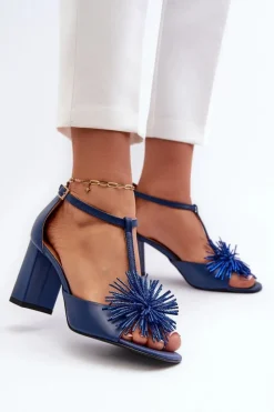 Sandały Na Słupku|Sandały Na Obcasie>Laura Messi Sandały Skórzane Na Słupku Z Ozdobą 2758 Granatowe