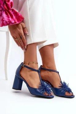 Sandały Na Słupku|Sandały Na Obcasie>Laura Messi Sandały Skórzane Na Słupku Z Ozdobą 2758 Granatowe