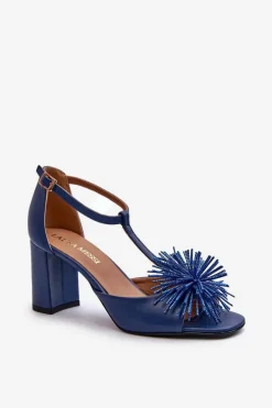 Sandały Na Słupku|Sandały Na Obcasie></noscript>Laura Messi Sandały Skórzane Na Słupku Z Ozdobą 2758 Granatowe