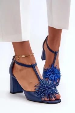 Sandały Na Słupku|Sandały Na Obcasie></noscript>Laura Messi Sandały Skórzane Na Słupku Z Ozdobą 2758 Granatowe
