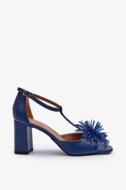 Sandały Na Słupku|Sandały Na Obcasie></noscript>Laura Messi Sandały Skórzane Na Słupku Z Ozdobą 2758 Granatowe