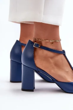 Sandały Na Słupku|Sandały Na Obcasie></noscript>Laura Messi Sandały Skórzane Na Słupku Z Ozdobą 2758 Granatowe