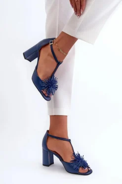 Sandały Na Słupku|Sandały Na Obcasie></noscript>Laura Messi Sandały Skórzane Na Słupku Z Ozdobą 2758 Granatowe