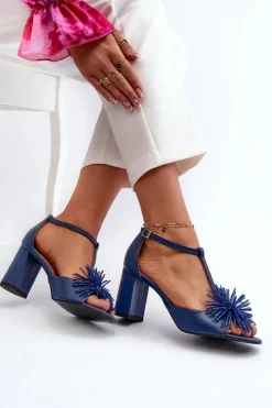 Sandały Na Słupku|Sandały Na Obcasie></noscript>Laura Messi Sandały Skórzane Na Słupku Z Ozdobą 2758 Granatowe