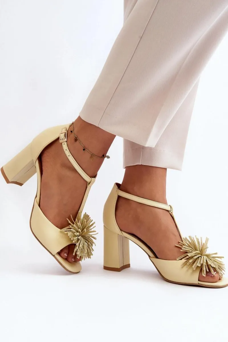 Sandały Na Słupku|Sandały Na Obcasie>Laura Messi Sandały Skórzane Na Słupku Z Ozdobą 2758 Beżowe Beżowy