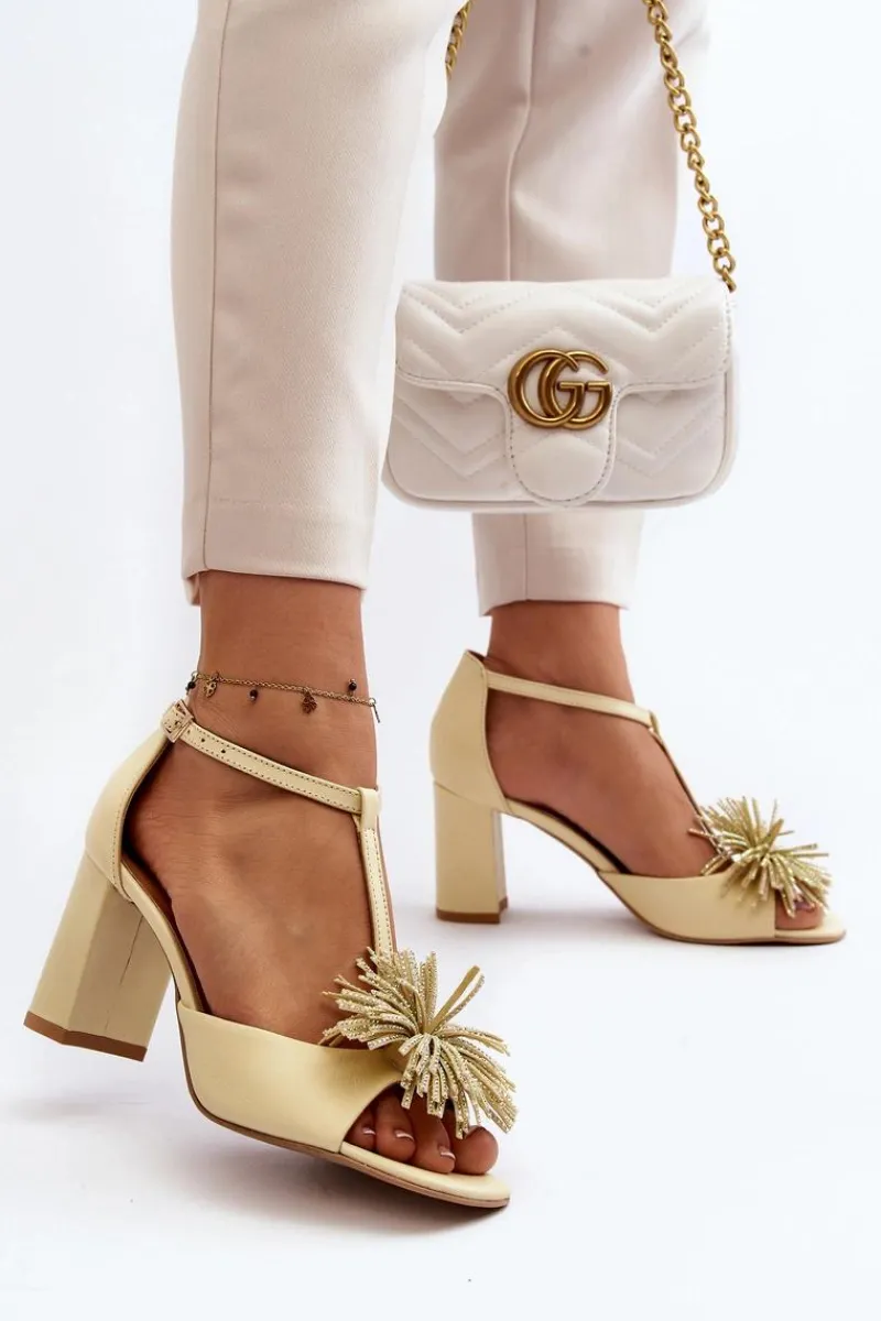 Sandały Na Słupku|Sandały Na Obcasie>Laura Messi Sandały Skórzane Na Słupku Z Ozdobą 2758 Beżowe Beżowy