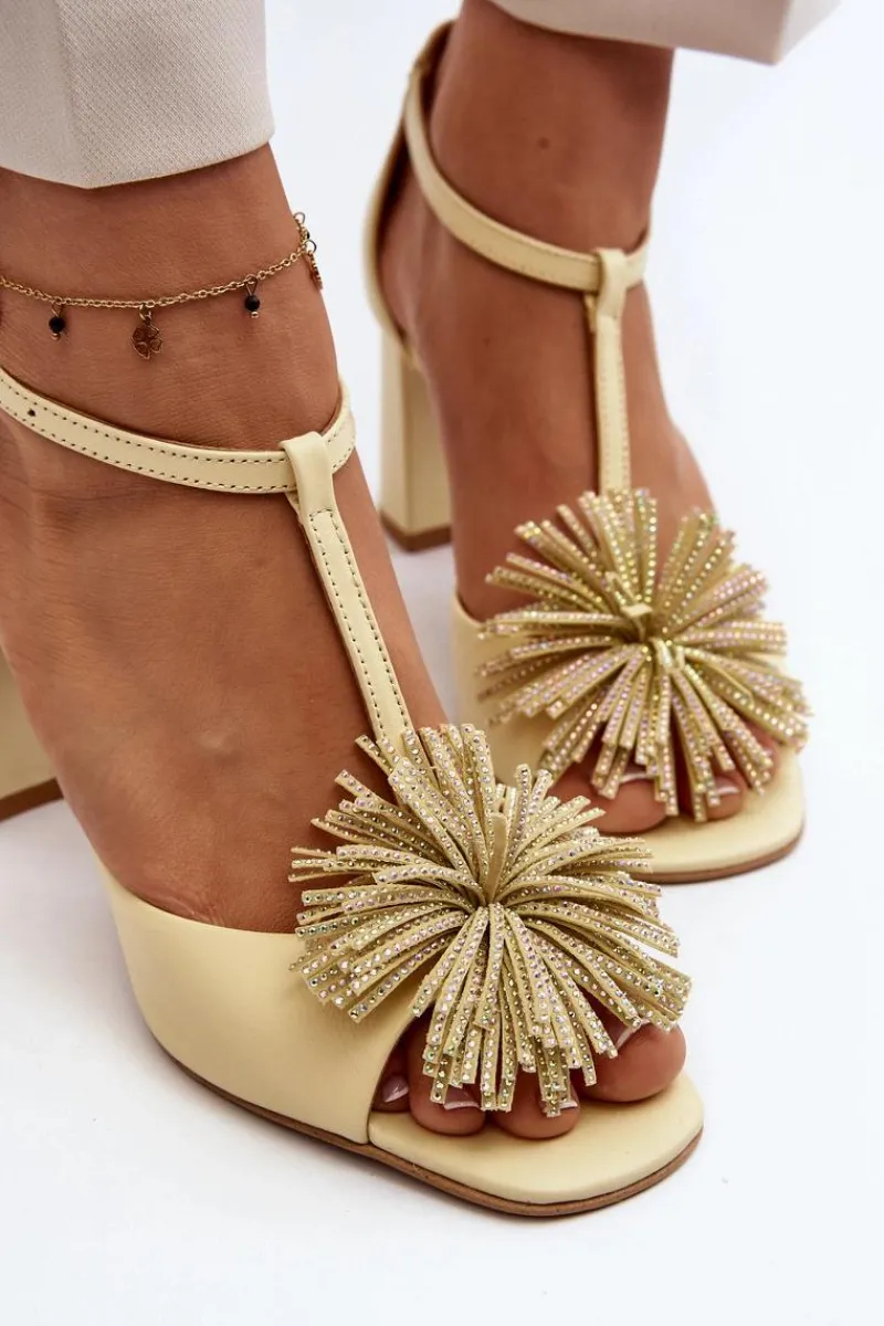 Sandały Na Słupku|Sandały Na Obcasie>Laura Messi Sandały Skórzane Na Słupku Z Ozdobą 2758 Beżowe Beżowy