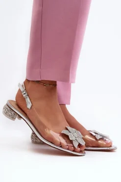 Sandały Transparentne Na Niskim Obcasie Z Ozdobą Srebrne D&A MR38-383 Damskie Sandały Na Obcasie