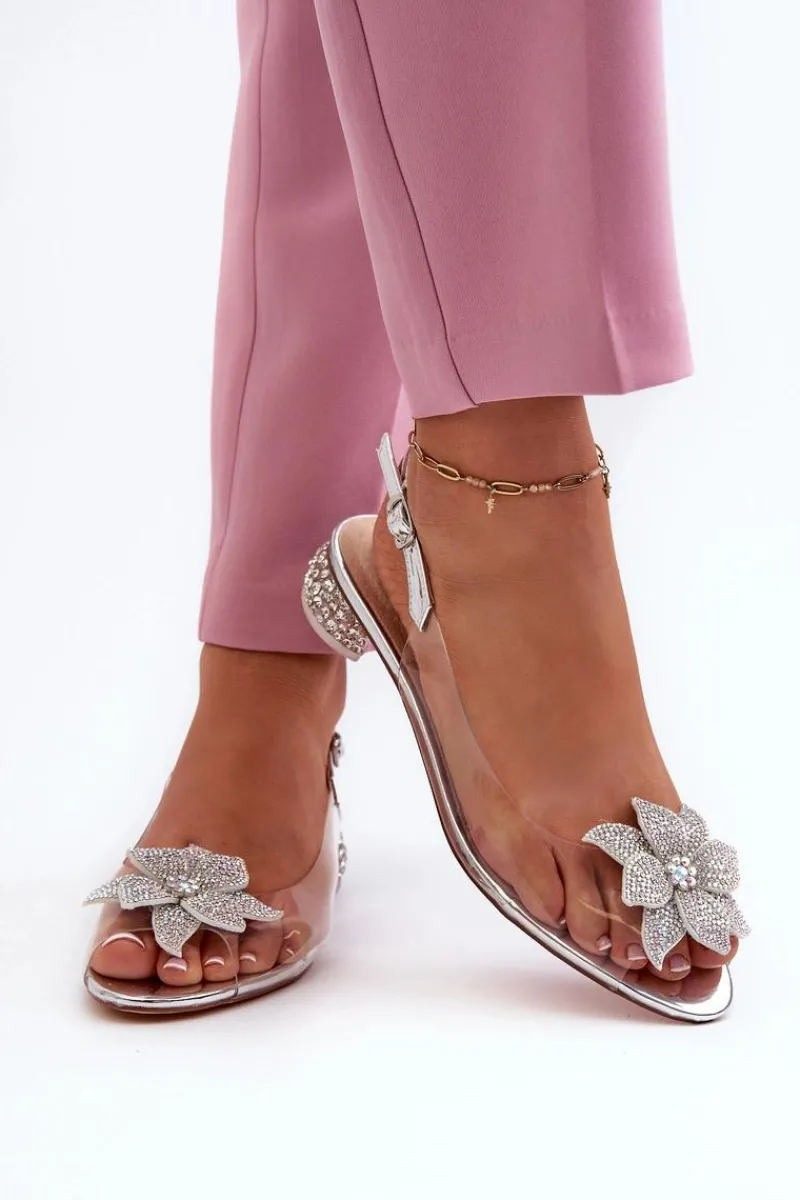 Sandały Transparentne Na Niskim Obcasie Z Ozdobą Srebrne D&A MR38-383 Damskie Sandały Na Obcasie