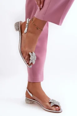 Sandały Transparentne Na Niskim Obcasie Z Ozdobą Srebrne D&A MR38-383 Damskie Sandały Na Obcasie