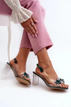 Sandały Na Słupku|Sandały Na Obcasie>Damskie buty S.Barski Sandały Transparentne Na Słupku Z Ozdobami Zielone D&A MR38-D1 Zielony