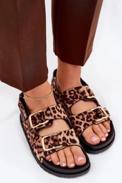 Sale Sandały W Panterkę Damskie Z Klamrami Brązowe Seladith Damskie Sandały Płaskie