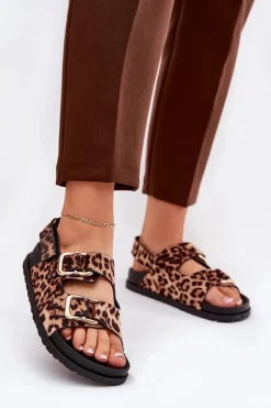 Sale Sandały W Panterkę Damskie Z Klamrami Brązowe Seladith Damskie Sandały Płaskie