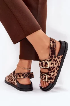 Sale Sandały W Panterkę Damskie Z Klamrami Brązowe Seladith Damskie Sandały Płaskie