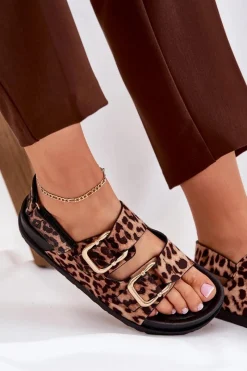 Sale Sandały W Panterkę Damskie Z Klamrami Brązowe Seladith Damskie Sandały Płaskie