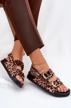 Sale Sandały W Panterkę Damskie Z Klamrami Brązowe Seladith Damskie Sandały Płaskie