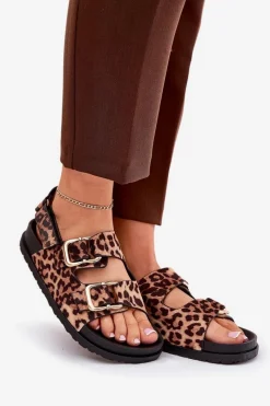 Sale Sandały W Panterkę Damskie Z Klamrami Brązowe Seladith Damskie Sandały Płaskie