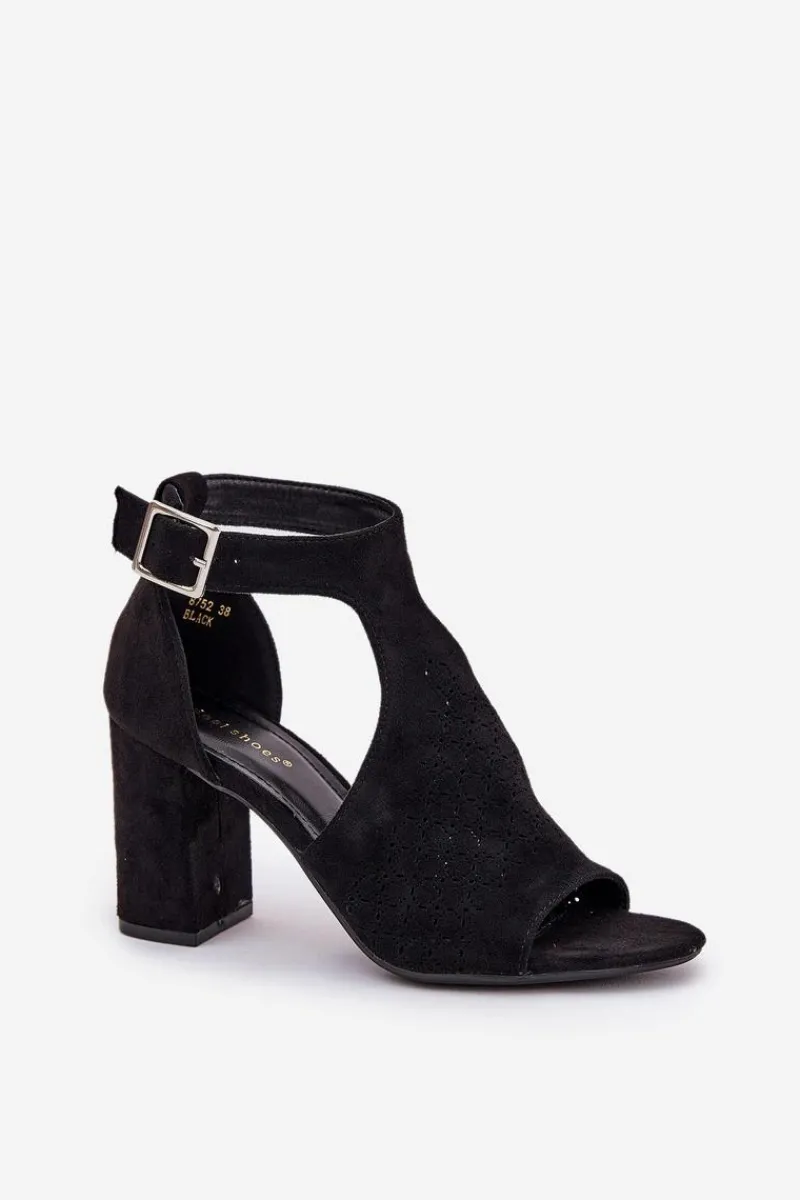 Sandały Na Słupku|Sandały Na Obcasie>Boto Sandały Z Ażurowym Wzorem Na Słupku Eko Zamszowe Czarne Helori Czarny